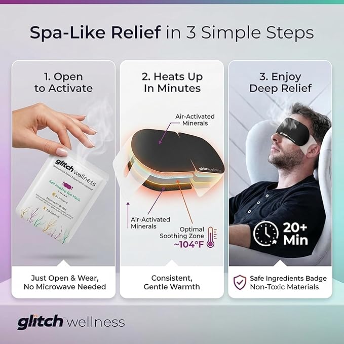 Glitch Self Heating Eye Mask - Steam Eye Mask for Dry Eyes, Soothing Relief, Stress Reduction - Disposable Warm Eye Compress Moist Heat