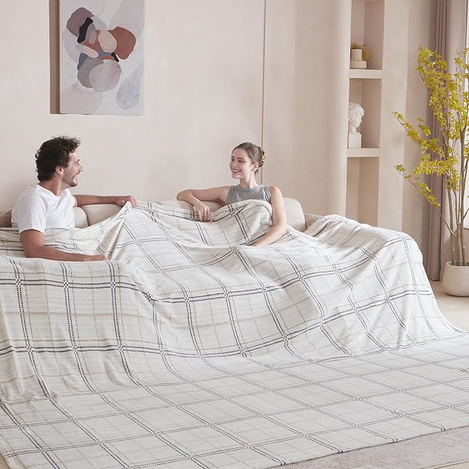 Soft Cozy 120x138 Inches Seamless Oversized King Fleece Blanket, Line Pattern Giant Huge, Extra Large 10'x11.5', California King Blanket for Sofa, Family, Travel, Line Ivory Grey