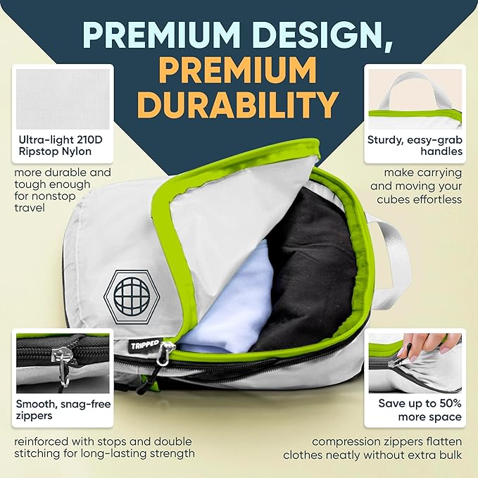 Large Compression Packing Cubes for Travel-Packing Cube Luggage Organizers 7 Piece Set for Checked Luggage-Ultralight, Expandable/Compression Bags by TRIPPED Travel Gear (White/Green)