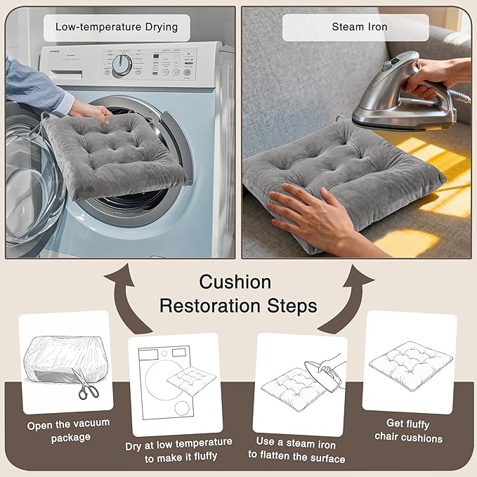 OVOV 4 Pack Chair Cushions for Dining Chairs Soft Seat Cushions for Kitchen Desk Chairs Square Chair Pads with Ties (15.5"x15.5" Light Grey)