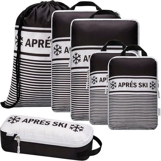 Apres Ski Compression Packing Cubes for Travel 6PC Set, Suitcase Organizer & Space Saver Bags for Luggage with Drawstring Backpack, Apres Ski Bags