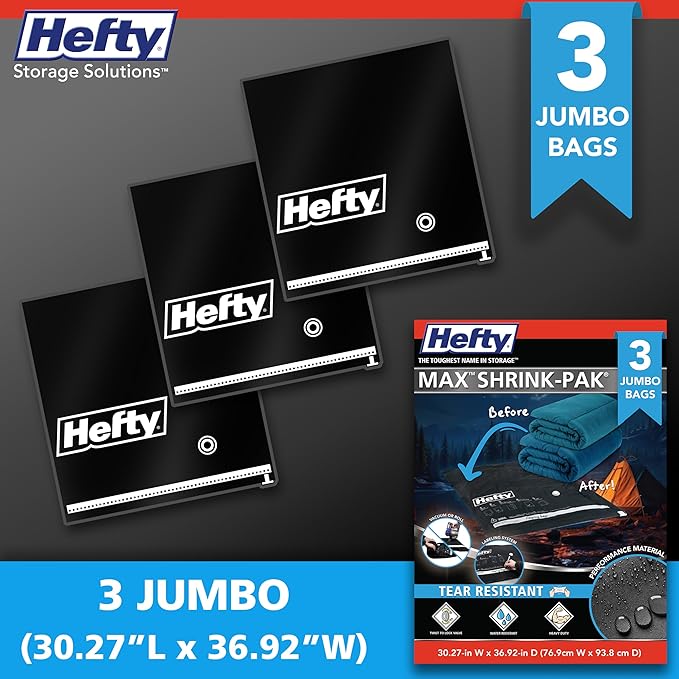 Hefty MAX Shrink-Pak Vacuum Seal Storage Bags for Clothing, Travel, Bedding | Tear & Water Resistant, Dual-Valve Space Saver Compression Bags, Pump Included - Jumbo (30x36 Inch), 3-Pack