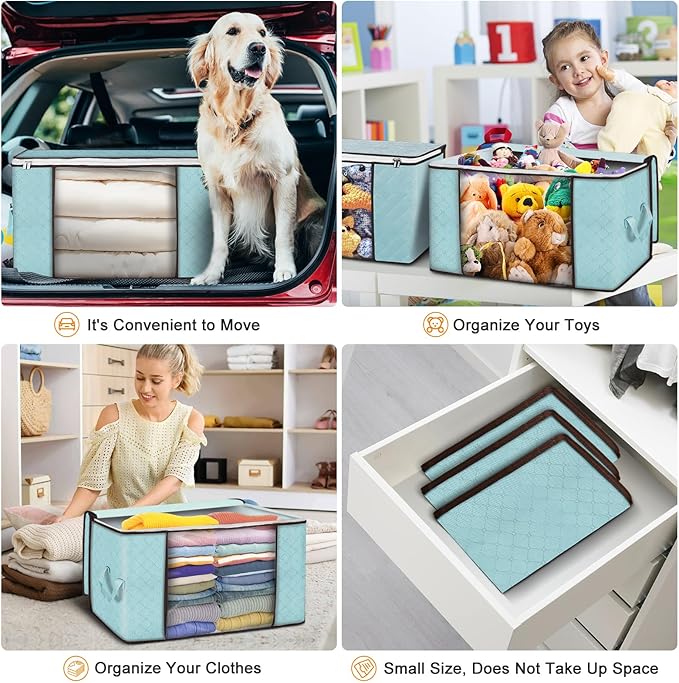 Budding Joy 90L Large Storage Bags, 8 Pack Clothes Storage Bins Foldable Closet Organizer Storage Containers with Durable Handles Storage and Organization, Blanket, Pillows and Toys (Blue)