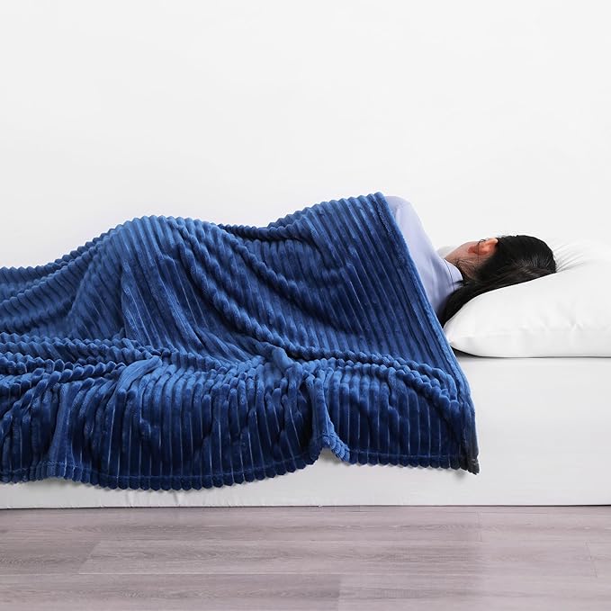 NTBAY Plush Flannel Twin Bed Blanket, 60X80 Inches Soft and Warm Lightweight Blanket with Striped Texture Bed Blanket for Couch Sofa Bed All Seasons, 60"x80", Navy Blue