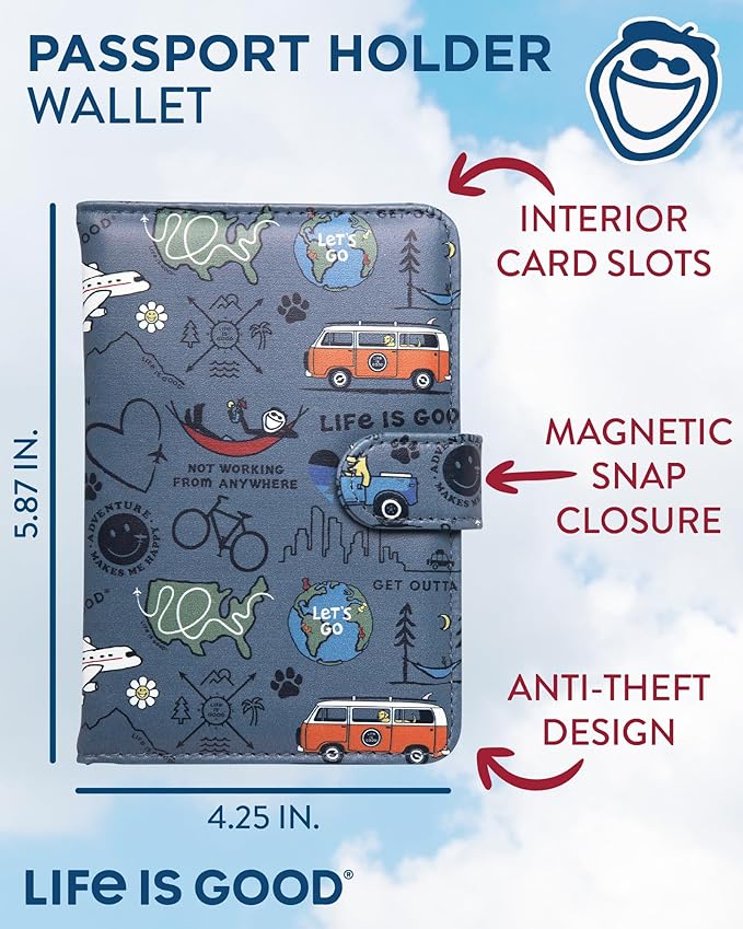 Life is Good Travel Passport Cover - Anti-Theft Passport Holder Wallet with Interior Card Slots with Magnetic Snap Closure, Love For Travel