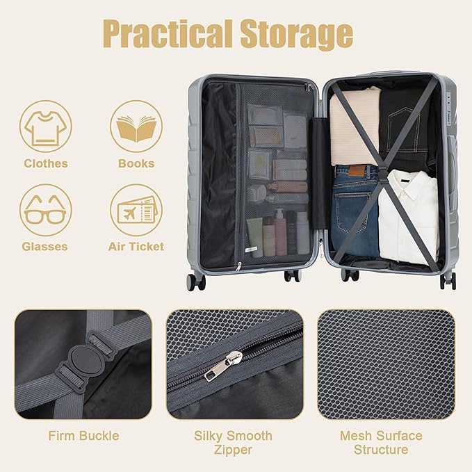 28 Inch Checked-Large Luggage, Lightweight ABS Hard Shell Suitcase with Spinner Wheels, Expandable Travel Luggage with Combination Lock & Side Hooks for Men Women (Silver, 28)