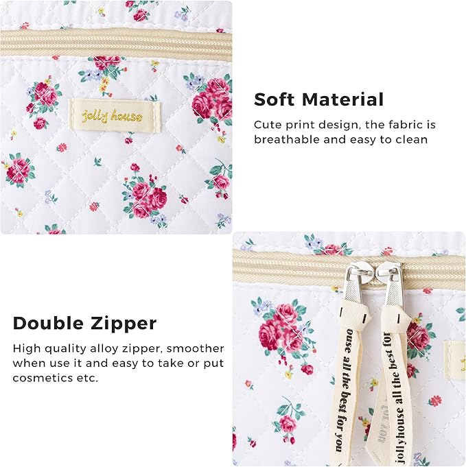 HBselect Quilted Makeup Bag, 3PCS Cotton Large Travel Makeup Bag, Cute Floral Coquette Make up Bag Cosmetic Bag Toiletry Bag for Women Girls