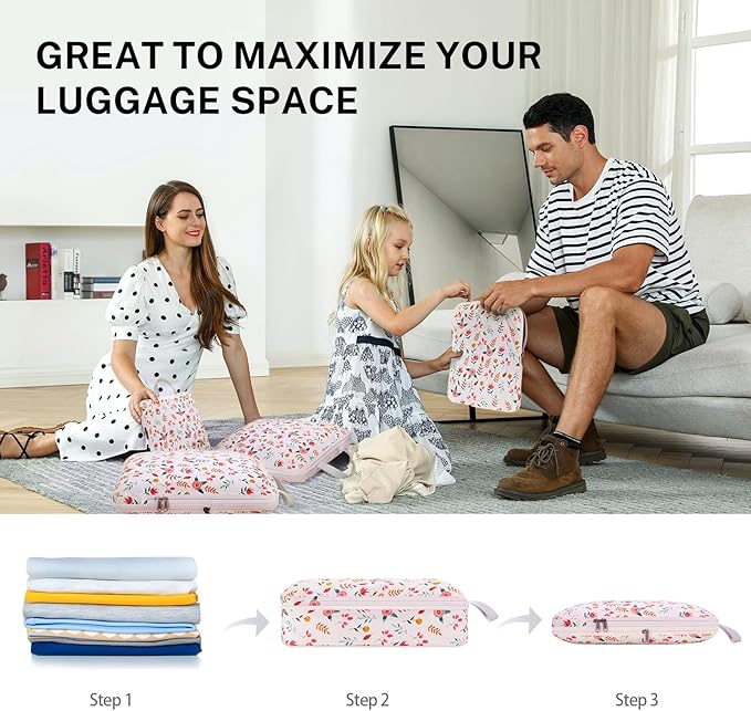Gonex Compression Packing Cubes, 4pcs Expandable Storage Travel Luggage Bags Organizers (Floral Pink)
