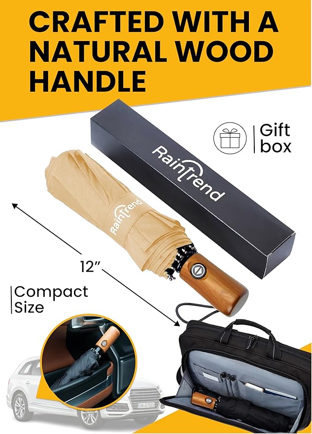 Raintrend Windproof Travel Umbrellas for Rain Automatic +10% Bigger Canopy Strong Frame Compact Folding Portable Umbrella for Women Men Backpack Purse