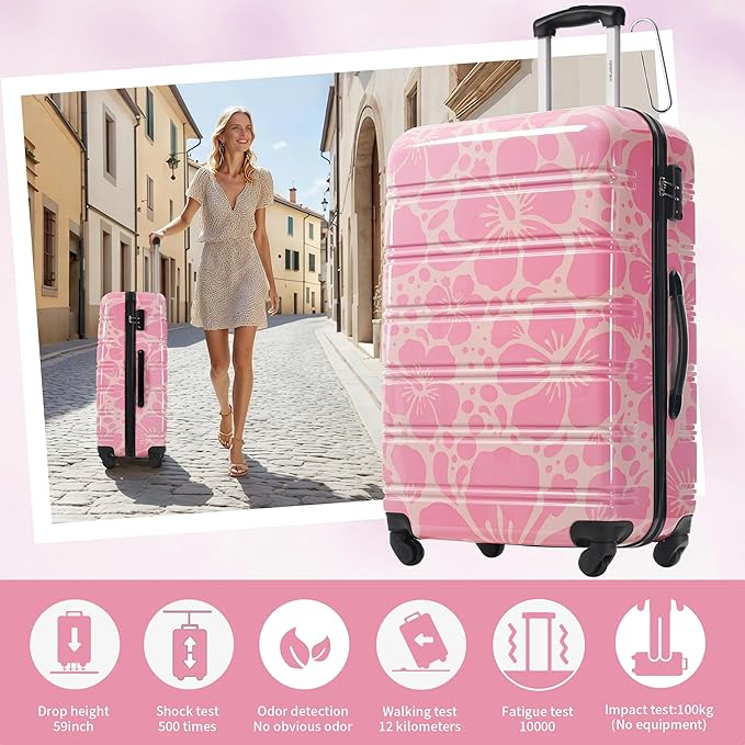 Merax Luggage Sets 3 Piece, Hardside Suitcase Set with Spinner Wheels, Lightweight Printing Luggage Carry on,20+24+28 IN,Pink