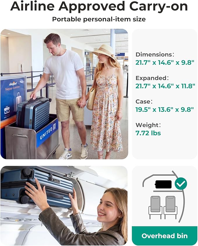 BAGSMART Top Opening Carry On Luggage 22x14x9 Airline Approved with TSA Lock, Expandable 20 Inch Deep Compartment Hard Shell Suitcases with Double Spinner Wheels, Blue