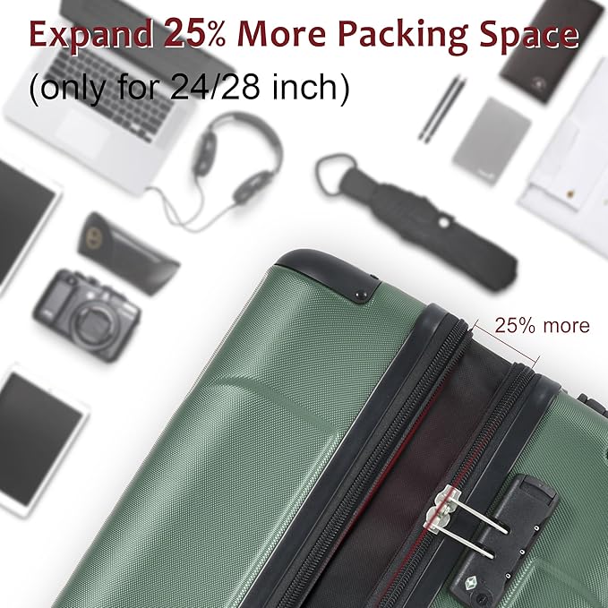 28 Inch Checked-Large Luggage, Lightweight ABS Hard Shell Suitcase with Spinner Wheels, Expandable Travel Luggage with Combination Lock & Side Hooks for Men Women (Green., 28)