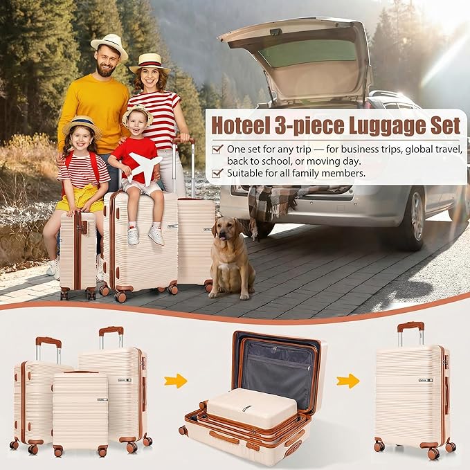 Hoteel Luggage Sets 3 Piece,(4-YEARS WARRANTY) ABS+PC Durable Lightweight Hard Shell Luggage Sets With TSA Lock For Travel,Business Trip, Suitcase Set 20 24 28 Inch, Beige
