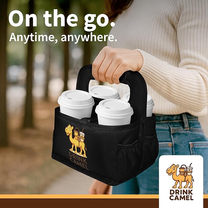 Reusable Drink Carrier with Handle – Durable No-Spill Insulated & Collapsible Beverage Bag with Pockets, Portable Caddy for On-the-Go Delivery, Travel & Car Use (4 Cup Carrier, Black)