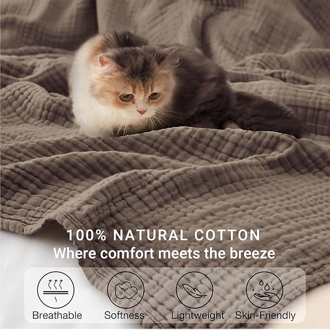 100% Cotton Muslin Blanket Twin 66" x 90", Breathable and Lightweight Cotton Twin Blankets for Couch, Soft Cooling Summer Gauze Blanket for Adults All Season, Tan