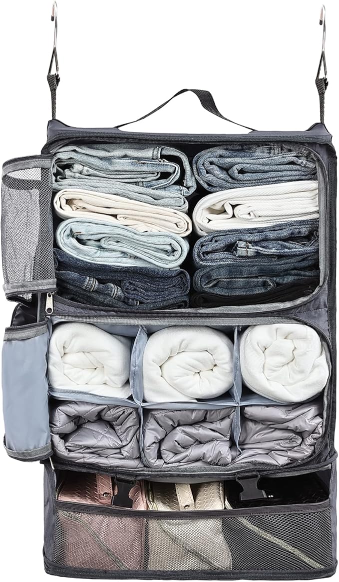 Surblue Hanging Travel Shelves Compression Packing Cube for Carry-on Luggage Suitcase Collapsible with Extension Layer Large Capacity, Grey, XXL
