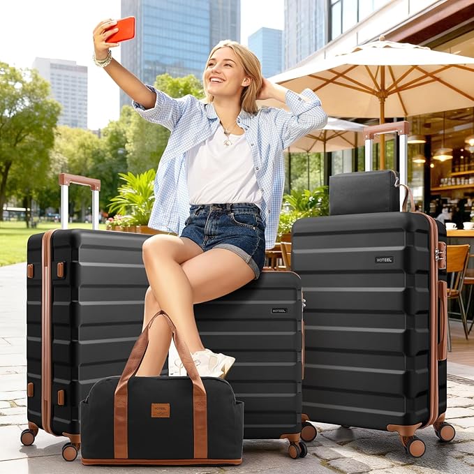 Hoteel Luggage Sets 5 Piece, 4-Year Warranty, Carry-On Luggage with Dual-Spinner Wheels, ABS Hard Shell Suitcase with TSA Locks, Lightweight Luggages for Travel, Black(20IN/24IN/28IN/DB/TB)