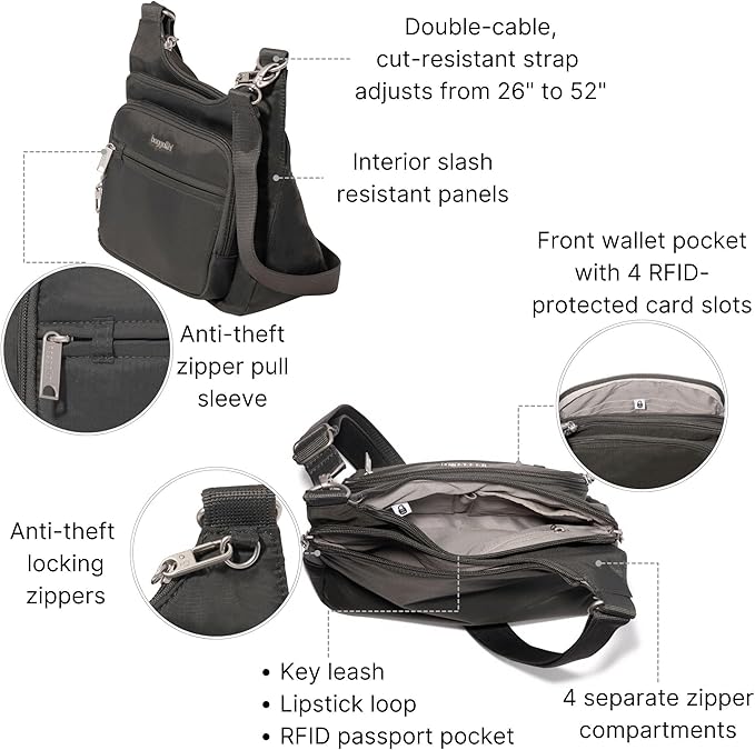 Baggallini Securtex Anti-theft Crossover Crossbody Bag 11”w X 8.5”h, Rfid, Built-in Wallet, Locking Zippers