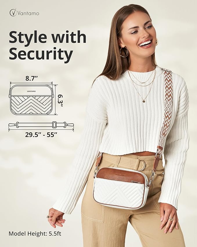 Vantamo Premium Quilted Crossbody Bags for Women with Anti-Pickpocket Clip, Vegan Leather Handbags, Travel Purses for Women