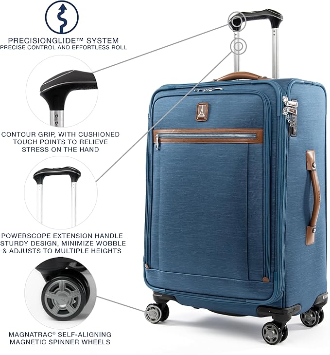 Travelpro Platinum Elite Softside Expandable Checked Luggage, 8 Wheel Spinner Suitcase, TSA Lock, Men and Women, Coastal Blue, Checked Medium 25-Inch