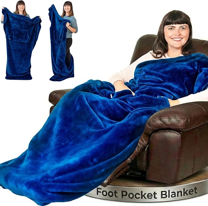 Plush Fleece Lightweight Foot Pocket Blanket - TV Throw Blanket - Premium Gifts for Men Who Want Nothing - Gifts for Gamer Dad -Patent Pending (Fleece, Velvet Blue)