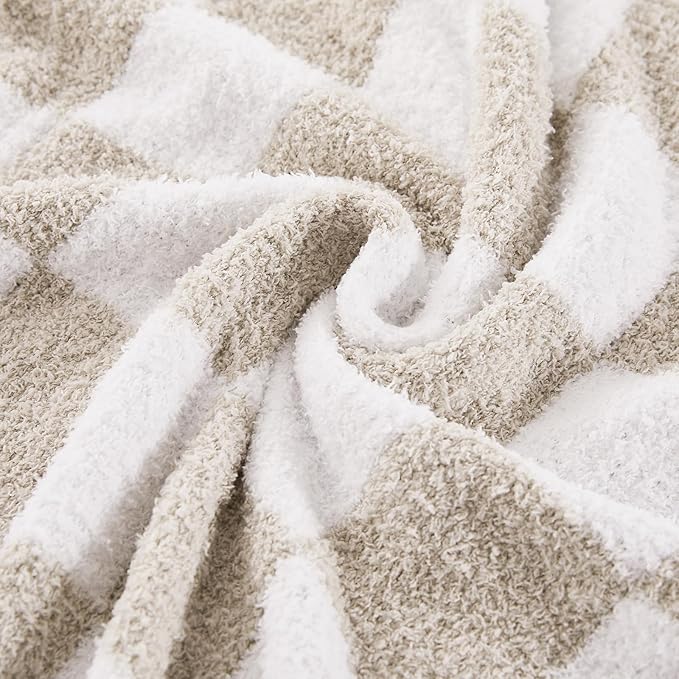 Checkered Throw Blanket, Taupe Soft Cozy Fluffy Knitted Throw Blankets for Couch, Sofa, Bed, Chair, Warm Fuzzy Travel Picnic Lightweight Plaid Blanket, 50x70 inches