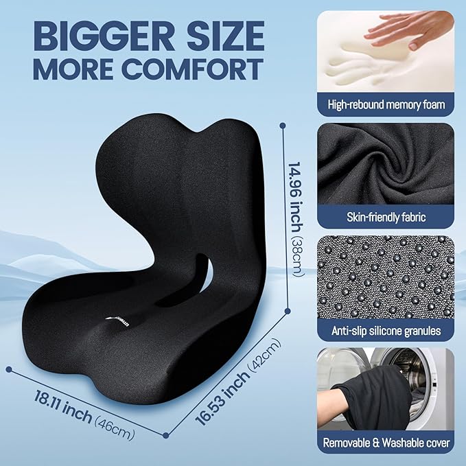 Lumbar Support Seat Cushion - Memory Foam Cushion for Office Chair, Car Seat, Airplane - Sciatica & Hip & Coccyx Pain Relief Desk Chair Cushion for Long Sitting Office Workers, Car Drivers