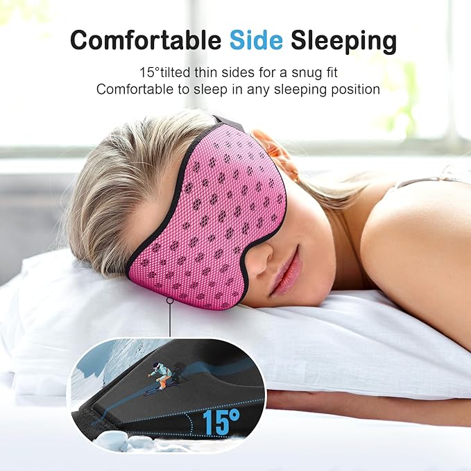 LitBear Breathable Sleep Mask, 3D Eye Mask Sleep for Side Sleepers Women Men, Light Blocking Sleeping Mask with Adjustable Strap, Soft Lightweight Eye Cover for Travel, Night Work, Nap, Office - Pink