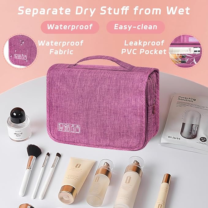 Toiletry Bag Travel Bag with Hanging Hook, Waterproof Capacity Hanging Multifunctional Makeup Bag for Toiletries, Portable Cosmetic Bag Travel Organizer for Women and Men(Purple)