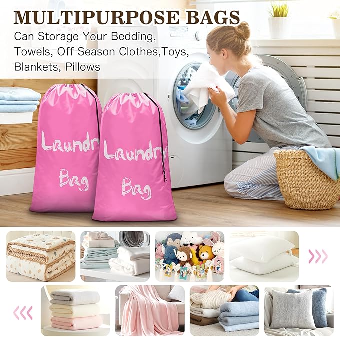2 Pack XL Travel Laundry Bags for Dirty Clothes - Extra Large Heavy Duty Drawstring Laundry Bag Holds 4 Loads - Cruise Ship, Camping, Road Trip, Vacation Essentials Must Haves 2025(Pink + Pink)