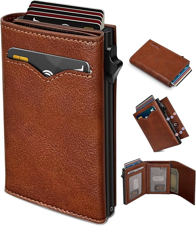 miyozi Wallet for Men,with Cash Pocket 2 ID Window 9-13 Cards,Metal Case Smart Slim Pop Up Credit Card Holder Flip with Magnetic Closure RFID Blocking Trifold wallet with Gift Box