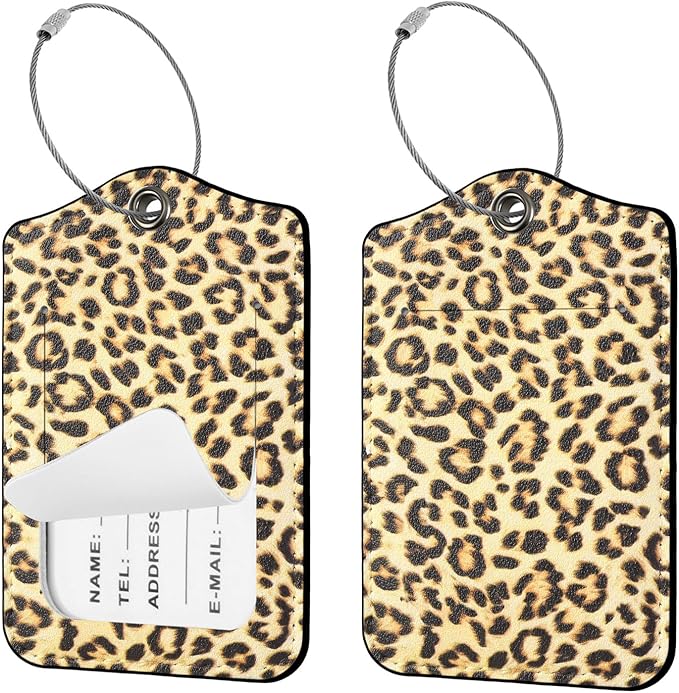 Seorsok 2 PCS Luggage Travel Tags for Suitcases,Cute Gold Leopard PU Leather Name Tag with Privacy Cover&ID Label Address Card and Durable Metal Ring Suitable for Men Women Handbags Backpack,Golden