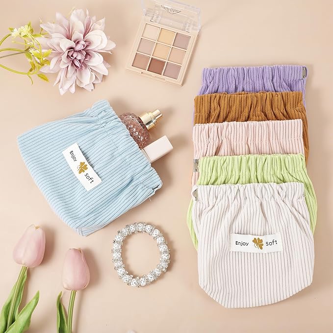 Yolev 6pcs Corduroy Elastic Hair Tie Organizer Portable Travel Storage Bag Corduroy Makeup Bag Pouch Mini Cosmetic Makeup Pouch Multipurpose Aesthetic Lipstick Bags Hair Accessories Organizer