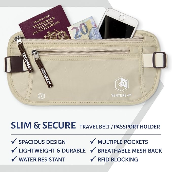VENTURE 4TH Slim Minimalist Design RFID Money Belt with RFID Blocking Sleeves, for Men and Women – Ideal for Keeping Your Cash, Credit Card, Passport, Phone Secure When Traveling - Beige