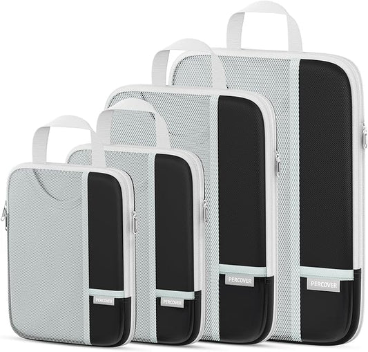 Percover Compression Packing Cubes 4-Piece Set, Packing Cubes Compression for Travel with Label Pockets, Travel Organizer for Carry On & Checked Luggage, Black