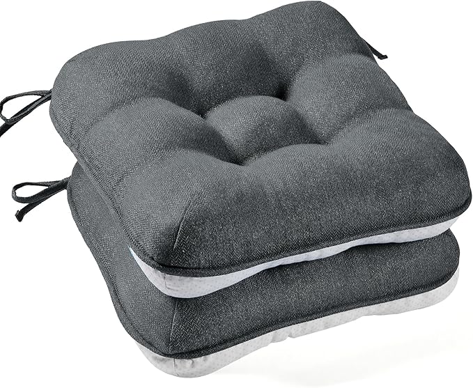 BETU Chair Cushions for Dining Chairs Set of 2,3.5" Thick Kitchen Table Chair Pads with Ties,Non Slip Backing and Covers, Seat Cushion for Dining Room,Bar,Patio Chairs,16"X16"X3.5",Dark Grey