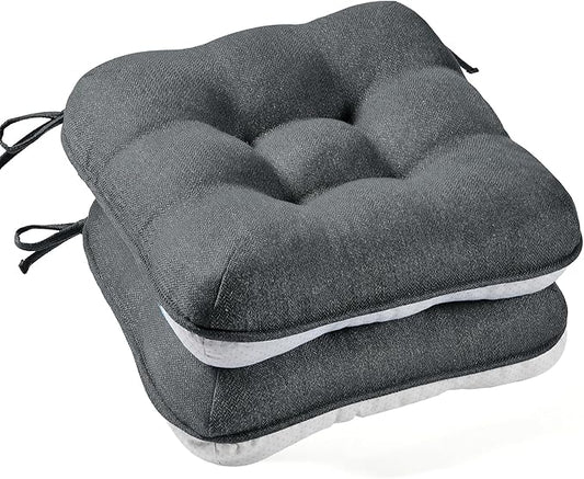 BETU Chair Cushions for Dining Chairs Set of 2,3.5" Thick Kitchen Table Chair Pads with Ties,Non Slip Backing and Covers, Seat Cushion for Dining Room,Bar,Patio Chairs,16"X16"X3.5",Dark Grey