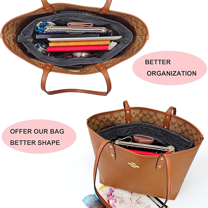 Time Wing Handbag Tote Purse Organizer Insert Bag Liner Shaper Divider Zipper 11 Pockets Compartments Small Dark Grey