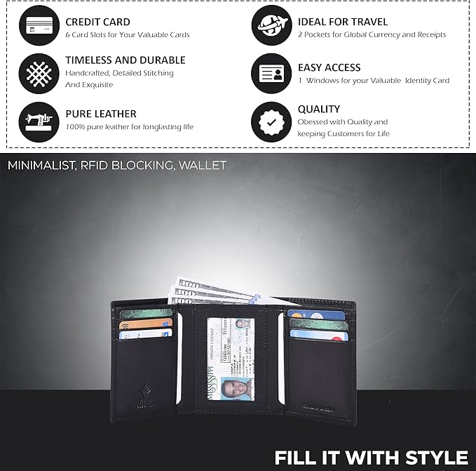 Real Leather Mens Trifold Wallet RFID Blocking Slim Minimalist Front Pocket - Thin & Stylish with ID Window in Gift Box