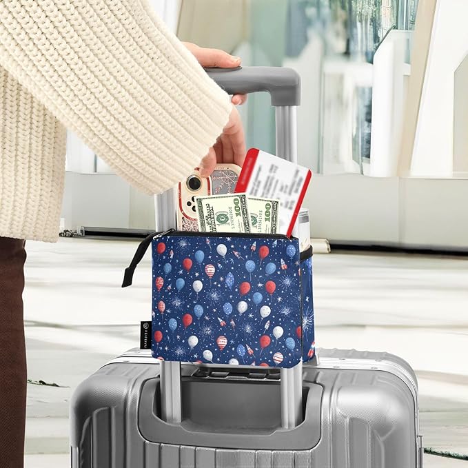 Luggage Cup Holder for Suitcases Free Hands Travel Cup Holder Portable Suitcase Cup Drink Holder Luggage Cup Caddy Bag Carrier Navy Blue Patriotic Balloons Fireworks