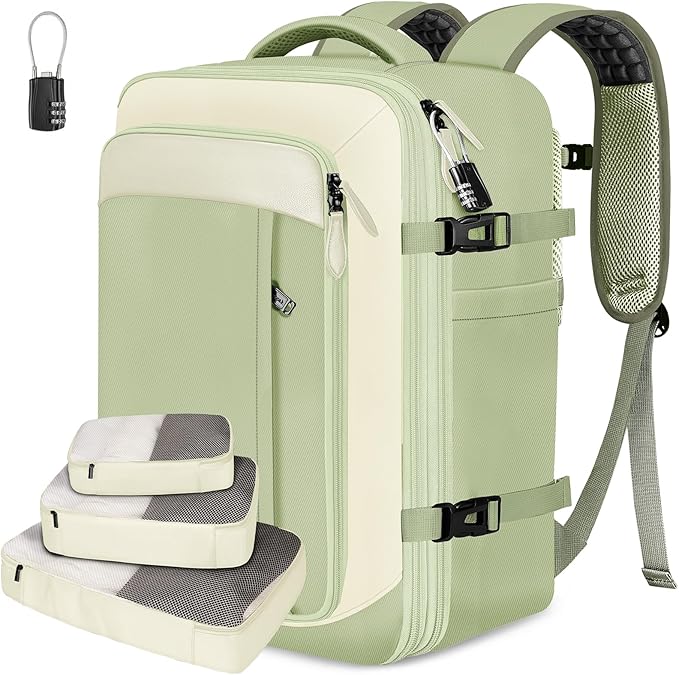 Vancropak Carry on Backpack for Women, Large Expandable Travel Backpack Fits 17.3" Laptop, Airplane Approved Suitcase Bag with Shoe Compartment, Lightweight Anti Theft Weekender Bag for Travel, Green