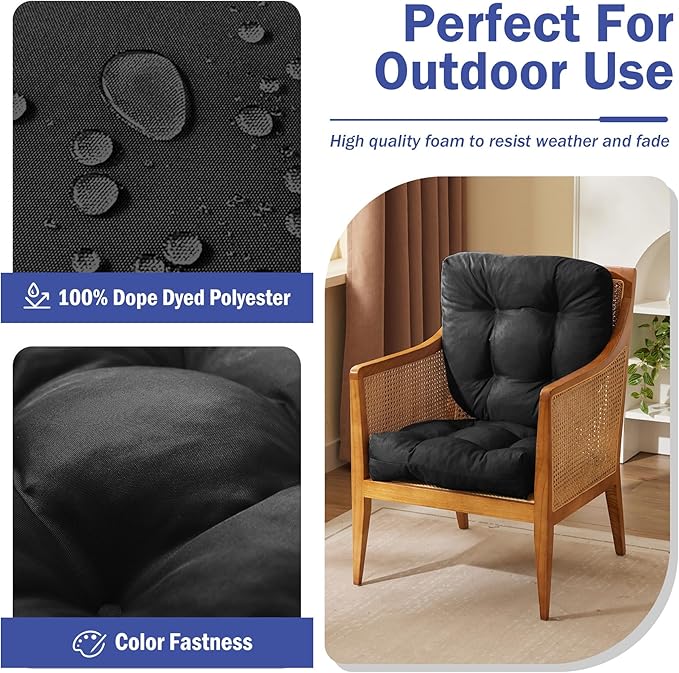 Outdoor Chair Cushions Set of 4, Patio Chair Cushions with Ties,19x19+5” Tufted Outdoor Seat Cushions, Waterproof Patio Furniture Cushions, Outdoor Dining Chair Pads, Black