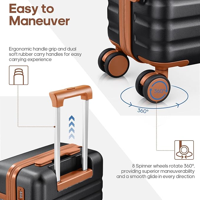UKEIN Luggage Sets 3 Piece, Carry On Luggage 20In With Spinner Wheels,PC Hardside Suitcase Set with TSA Lock,Durable Carry On Suitcase With Travel Backpack for Men (Black, 3 piece set (20inch))