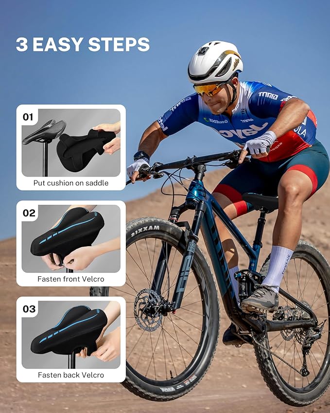 MEENCOOL Bike Seat Cushion - Gel Padded Bike Seat Cover for Men Women Comfort, Adjustable Velcro Secure Bicycle Seat Cushion Compatible with Peloton, Indoor & Outdoor Bicycle Seat(11"x7")