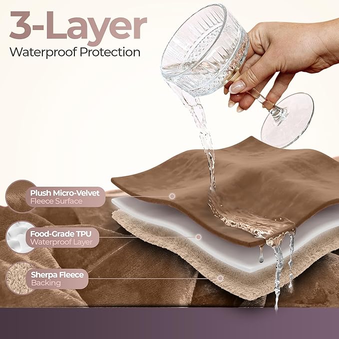 Sacred Weapon Waterproof Blanket Queen/Twin Size 50"x80" - Ultra-Soft Fleece Top & Sherpa Back - Noiseless, Absorbent Bed Protector - Machine Washable for Kids, Pets, Elderly Care - Beige