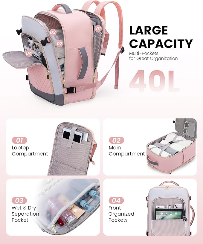 LOVEVOOK Large Travel Backpack for Women, TSA Carry on Backpack for Airplanes, 40L Personal Item Travel Bag for Women fits 17" Laptop,Waterproof Carry on Bag Airplane Approved with 3 Packing Cubes