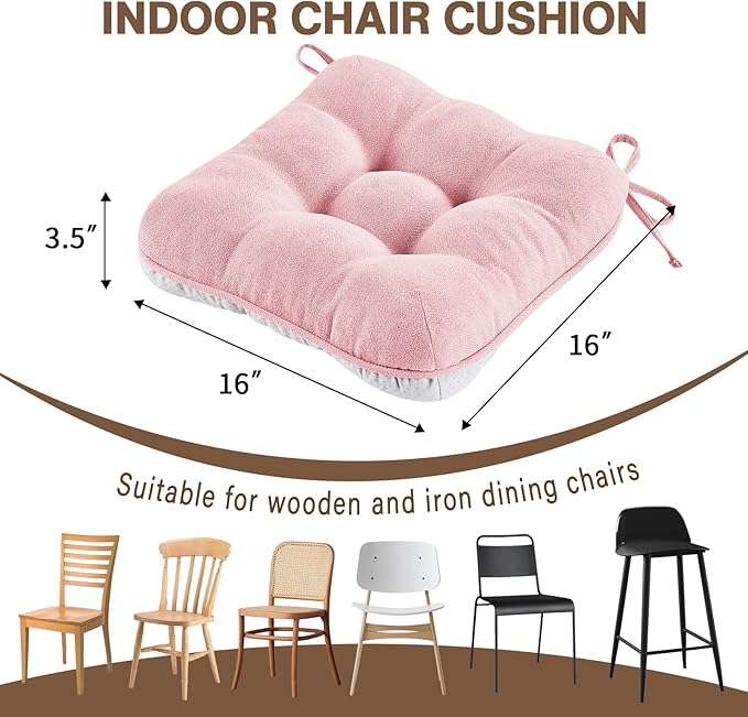 BETU Pink Chair Cushions for Dining Chairs Set of 6,3.5" Thick Kitchen Table Chair Pads with Ties,Non Slip Backing and Covers, Seat Cushion for Dining Room,Bar,Patio Chairs,16"X16"X3.5",Pink