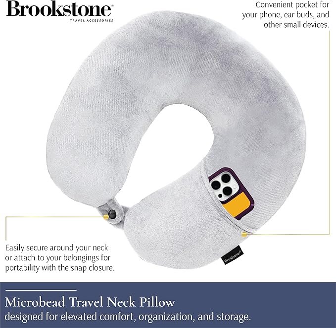 Brookstone Microbead Travel Head and Neck Pillow Lightweight and Plush with Phone or Headphone Pocket, Grey