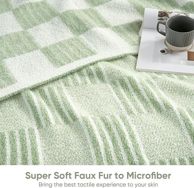 Snuggle Sac Sage Green Checkered Throw Blanket, Super Soft Reversible Cozy Warm Faux Fur Blankets for Couch Bedroom,Cute Lightweight Striped Throws for Women,Heather Sage Green,50x60 inches