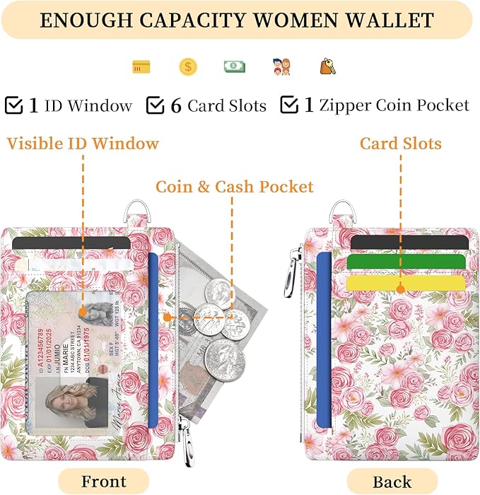 Hancynir Slim Wallet Women Credit Card Holder Rose Flower Floral RFID Blocking Small Cute Card Wallets Mini Front Pocket PU Leather Card Case Thin Travel Zipper Coin Cash Ladies Female Wallet Gifts